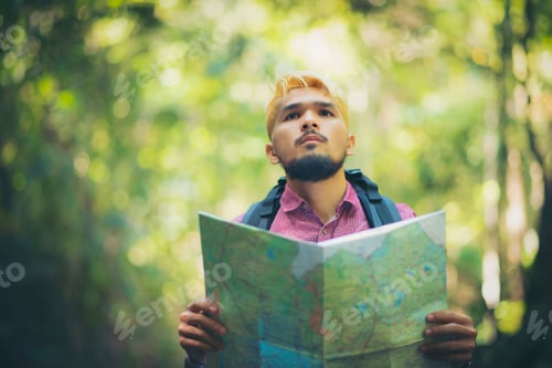 Preview: Backpack Lying On A Stone Hiking, Hiking, Background Of A Mountain,Map Orientation, Success