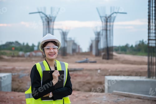 Preview: Engineer Woman Working At Site Of Bridge Under Construction