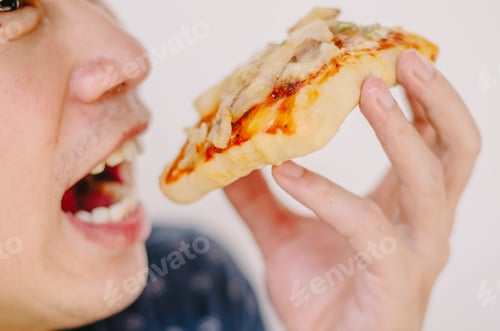 Preview: Close Up Portrait Of Excited Happy Hungry Young Man Eating A Piece Of Pizza, Focus Pizza