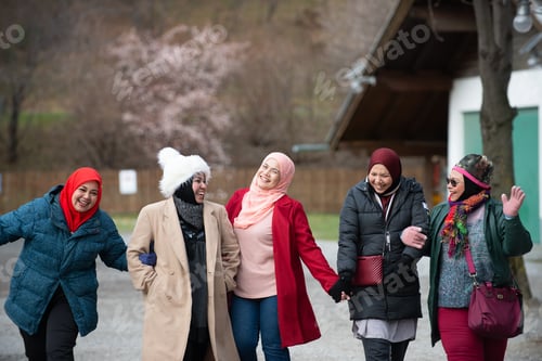 Preview: Group Of Muslim Friends Walking And Laughing. Winter Clothing.