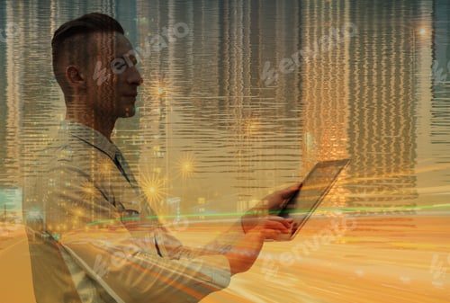Preview: Double Exposure Business.Mixed Media Of Business Man Working On Tablet .