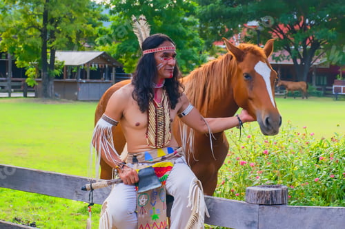 Preview: Native Americans.Portrait Of Americans Indian Man With Horse.