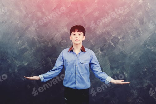 Preview: Handsome Young Man Stretched Out His Hand To Both Sides For Show Something.