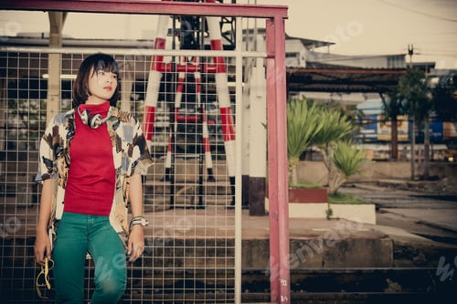 Preview: Portrait Of Asian Hipster Girl On Sunset At Railway Vintage Style