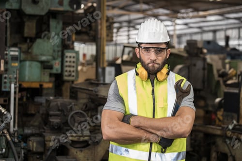 Preview: Portrait Of Male Bearded Engineer Is Wearing Helmet And Vest, He Is Holding A Large Wrench While