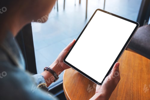 Preview: Mockup Image Of A Woman Holding Digital Tablet With Blank White Desktop Screen