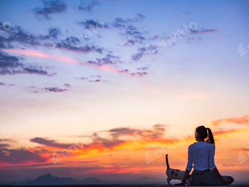 Preview: Silhouette Of Free Woman And Cat Enjoying Freedom Feeling Happy At Sunset. Serene Relaxing Woman In