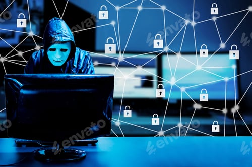Preview: Anonymous Computer Hacker In White Mask And Hoodie Standing In The Middle And Hacking It With His