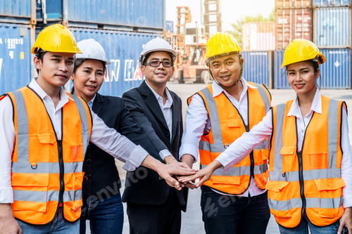 Preview: Group Of Employees And Management Team Wearing Logistic Uniforms For Exporting Products Abroad