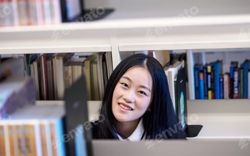 Preview: Headshot Of A Beautiful Chinese Student Smiling Behind The Bookshelf In College Library, Library