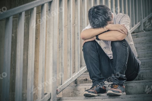 Preview: Depressed And Tired Businessman Sitting On Ground Street Concrete Stairs Suffering Emotional Pain