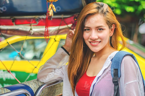 Preview: Lifestyle Fashion Portrait Of Thai Adult Young Beautiful Girl Long Hair Relax And Smile,Wearing
