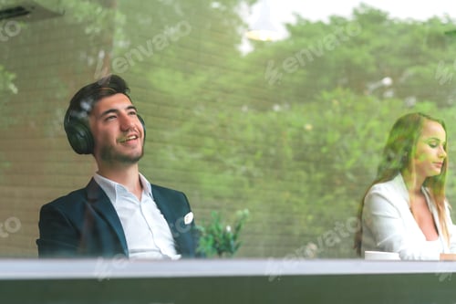 Preview: Business People Team Sitting At Coffee Cafe Shop. Man And Woman Relax. Concept Of Location Working