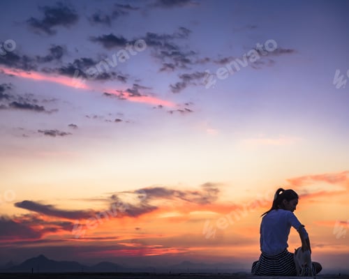Preview: Silhouette Of Free Woman Enjoying Freedom Feeling Happy At Sunset. Relaxing Woman In Pure Happiness