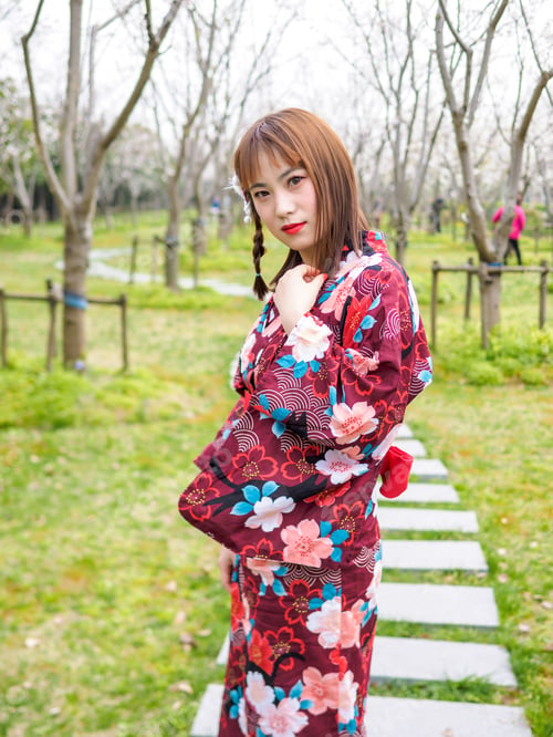 Preview: Attractive Asian Woman Wearing Kimono In Cherry Blossom Forest In Spring.
