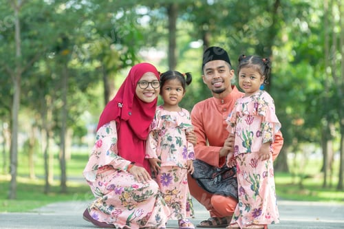 Preview: Happy Malaysia Muslim Family In Their Eid Dress. Outdoor Portrait.