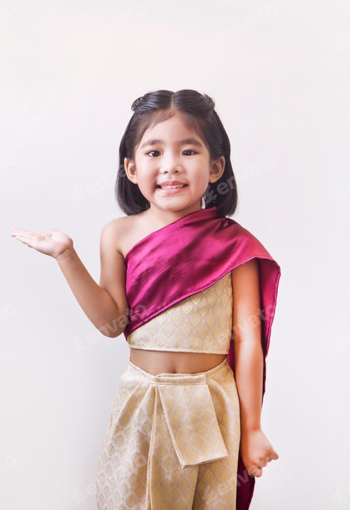Preview: Thai Kid Action Showing With Hand On White. Thai Kid In Tradition Thai Dress Costume On White