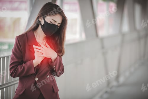 Preview: Asian Woman Wearing Mask For Protect Pm2.5 And Cough With Covid-19 Virus Outbreak In Public. But