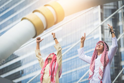 Preview: Business Winner Concept, Two Young Muslim Business Man Standing By Raising Both Hands Up In Urban