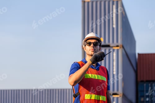 Preview: Foreman In Hardhat And Safety Vest Talks On Two-Way Radio Control Loading Containers Box From Cargo