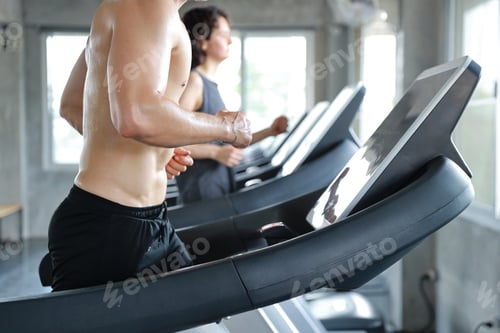 Preview: Close Up Image Of Healthy And Sexy Caucasian Muscle Man In Shirtless Who Running On Excercise