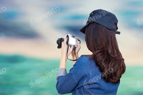 Preview: Woman Traveler Wearing Blue Dress As Photographer, Take Photo With Camera Outdoor