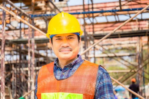 Preview: Engineer Man / Worker Checking And Planning Project At Construction Site, Smiling Man With Blurred