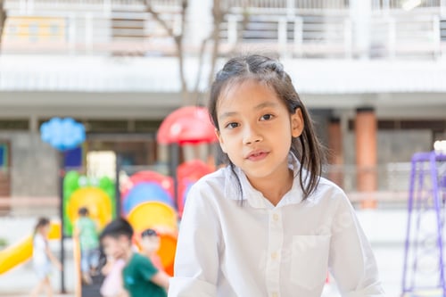 Preview: Happy Little Girl In A White Shirt Smiling And Looking At Camera With Blurred Playground Background