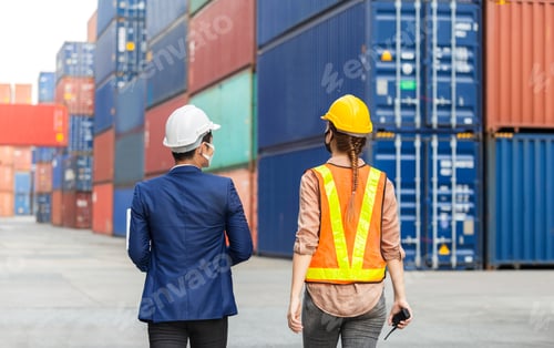 Preview: Engineer In Hardhat And Safety Vest Together Talking With Foreman Worker Wearing Protection Face