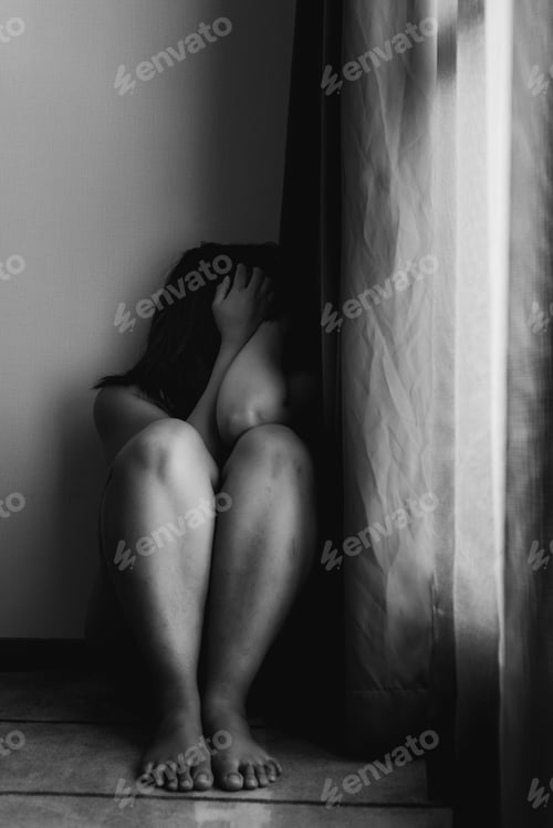 Preview: Black & White - Depressed And Suicidal Woman. Semi Nude. Noisy And Grainy Photo