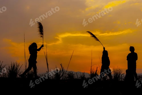 Preview: The Children Are Running On The Meadow At Sunset.