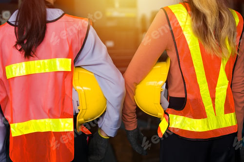 Preview: Rear View Of Women Labor Was Wearing A Safety Vest And Standing Holding The Helmet In The Factory.