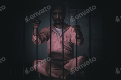 Preview: Asian Man Desperate At The Iron Prison,Prisoner Concept,Thailand People,Hope To Be Free,Serious