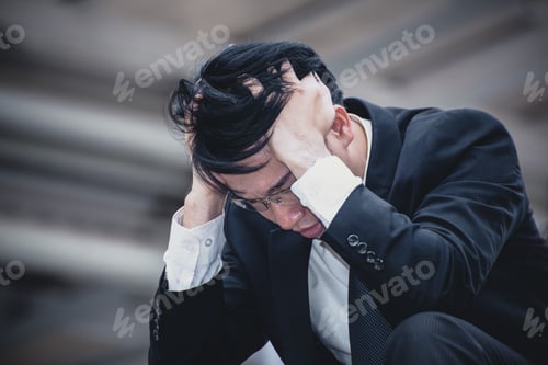 Preview: Asian Businessman Sad Worry Tired And Headache, Stress At Workplace, Feeling Ill, Finance Problem