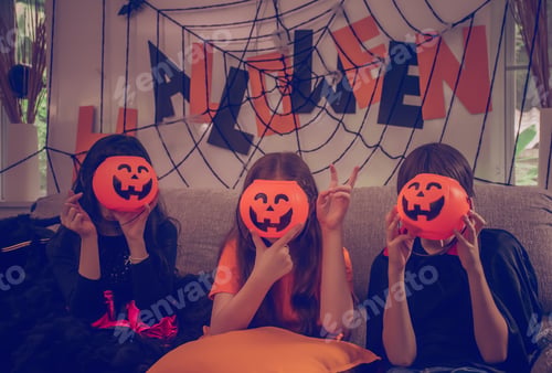Preview: Happy Children In Costumes And Makeup For Celebration Of Halloween.