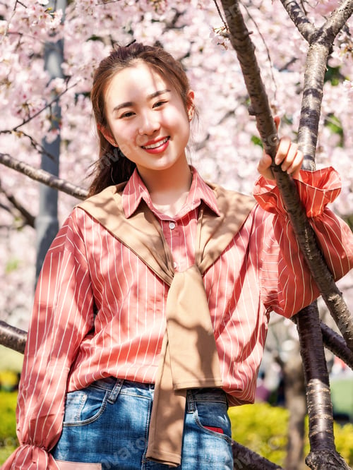 Preview: Outdoor Portrait Of Beautiful Young Chinese Girl In Red Shirt Smiling Among Blossom Cherry Tree