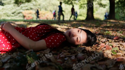 Preview: Portrait Of Beautiful Young Brunette Woman In Red Dress Lying On Ground In Forest Park In Sunny