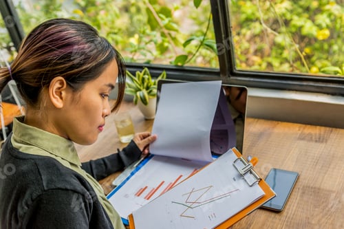 Preview: Asian Woman Working On Diagram Statistic Document Next To Window