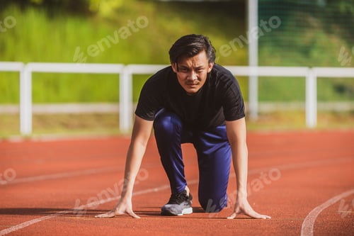 Preview: Chinese Asian Sport Guy At A Stadium Track, On The Starting Line