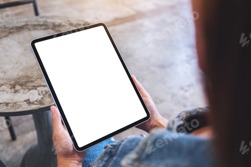 Preview: Mockup Image Of A Woman Holding Digital Tablet With Blank White Desktop Screen
