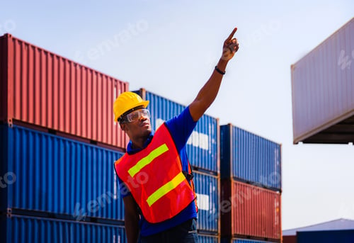 Preview: Worker Man In Hardhat And Safety Vest Point To The Sky, Foreman Control Loading Containers Box From