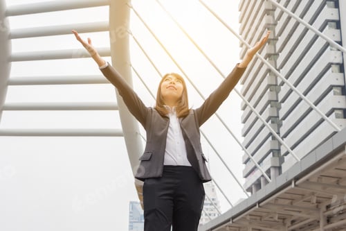 Preview: Business Woman Celebration Success Happiness With Hands Up In City Background
