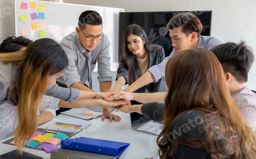 Preview: Selective Focus Of Success Group Of Business People Team Meeting Working Brainstorming And Joining