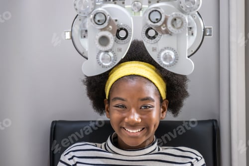 Preview: African Young Woman Girl Doing Eye Test Checking Examination In Clinic Or Optical Shop, Sitting At