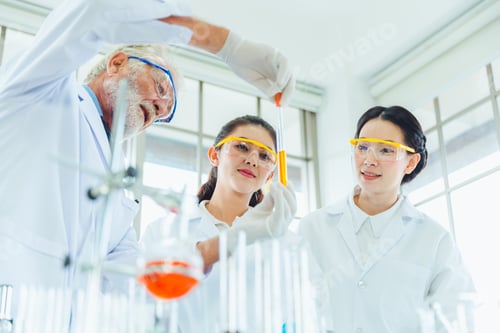 Preview: Science Teacher And Students Team Working With Chemicals In Lab