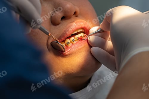 Preview: Close Up Photo Of Orthodontist Checking Up Teeth Braces For The Girl