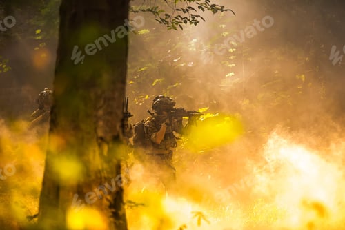 Preview: Team Special Forces. Soldier Assault Rifle With Silencer. Sniper In The Forest.