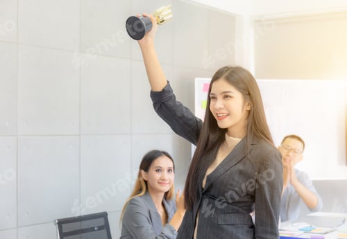 Preview: Business Woman Holding Award Trophy At Meeting Room, Celebration Success Happiness Team Concept