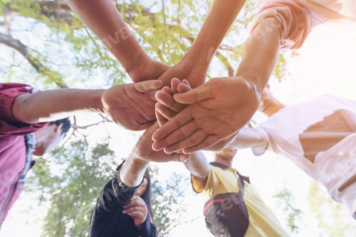 Preview: Low Angle View Of College Students Teamwork Stacking Hand,Team Teamwork Togetherness Collaboration