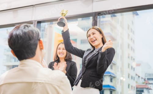 Preview: Business Woman Holding Award Trophy At Meeting Room, Celebration Success Happiness Team Concept
